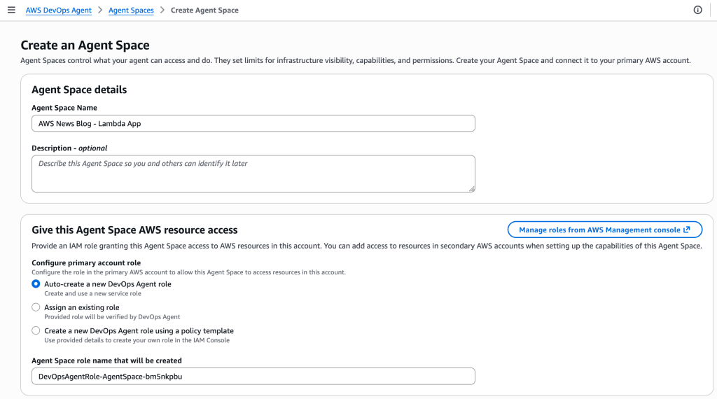 AWS DevOps Agent - Create an Agent Space