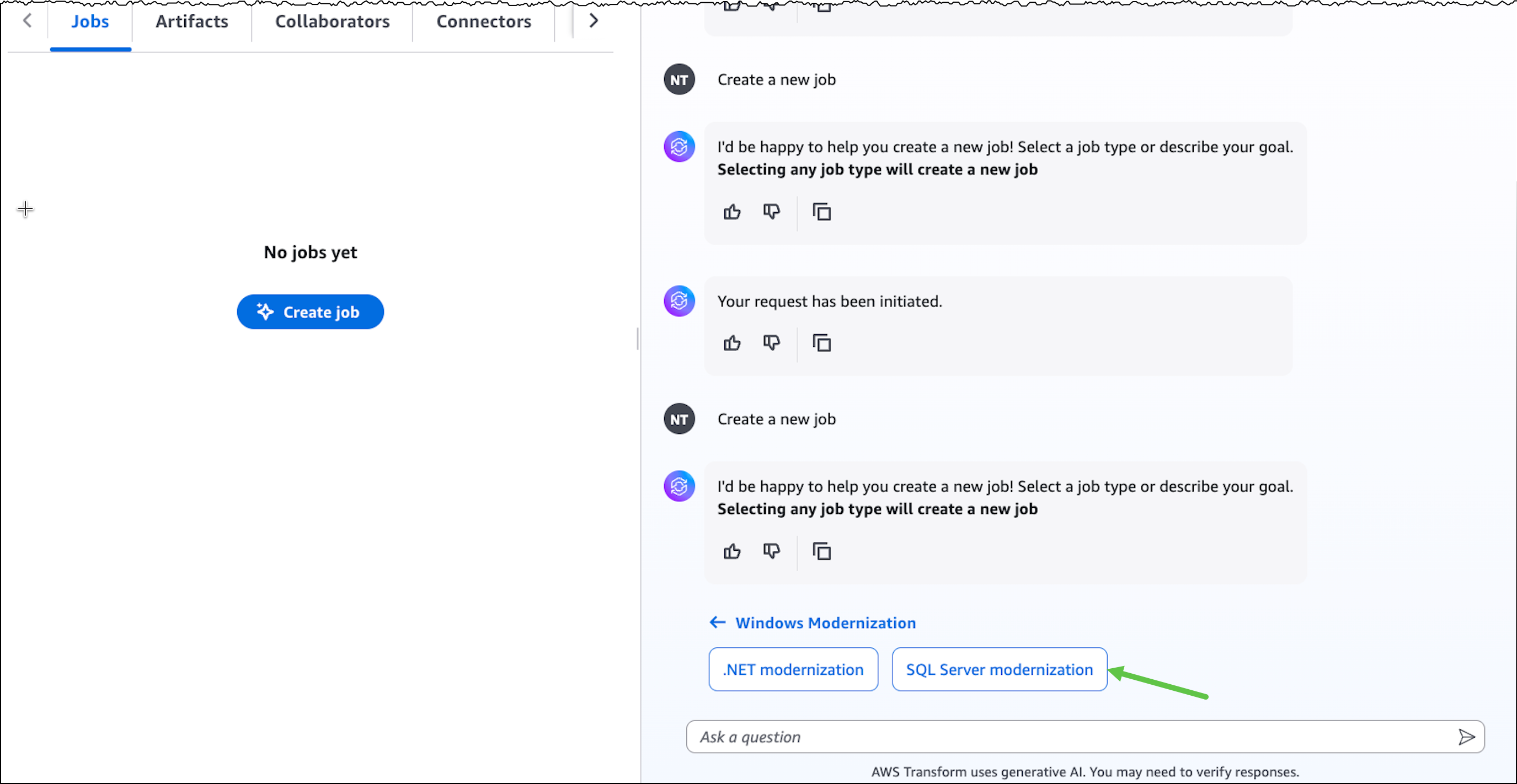 Create a new job by choosing SQL Server Database Modernization