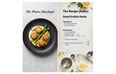 On the left, a styled food photo labeled “The Photo (Mockup)”; on the right, a recipe layout labeled “The Recipe (Rules)”.