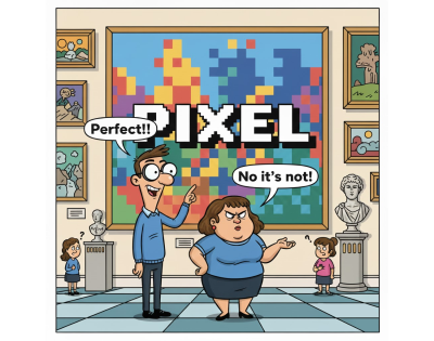Cartoon scene where a large, colorful pixelated painting hangs on the wall with the word “PIXEL” across it. A man points at the artwork, saying “Perfect!!” while a woman beside him replies “No, it’s not!”.