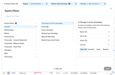 Equity filters panel showing categories and a modal interface to set intraday price change conditions.