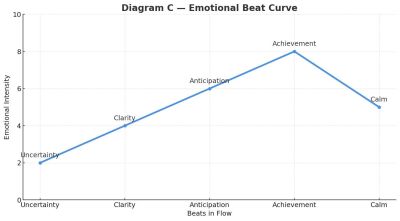 The beat sheet: uncertainty &rarr; clarity &rarr; anticipation &rarr; achievement &rarr; calm.