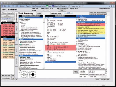 A detailed electronic medical record (EMR) screen for an ophthalmology patient, displaying their visit summary including chief complaint, past medical history, medications, and optical test results.