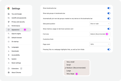 Google Chrome settings on accessibility