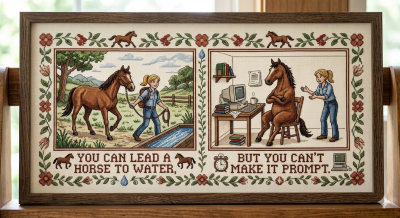 AI-created spin on a cliche: you can lead a horse to water, but you can't make it prompt