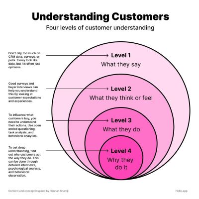 A diagram titled Understanding Customers: Four levels of customer understanding, showing four nested pink circles, each representing a level of understanding, with descriptions beside. From outermost to innermost: Level 1 (What they say), Level 2 (What they think or feel), Level 3 (What they do), and Level 4 (Why they do it).