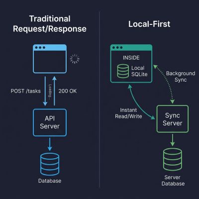 Traditional request/response architecture vs. local-first architecture