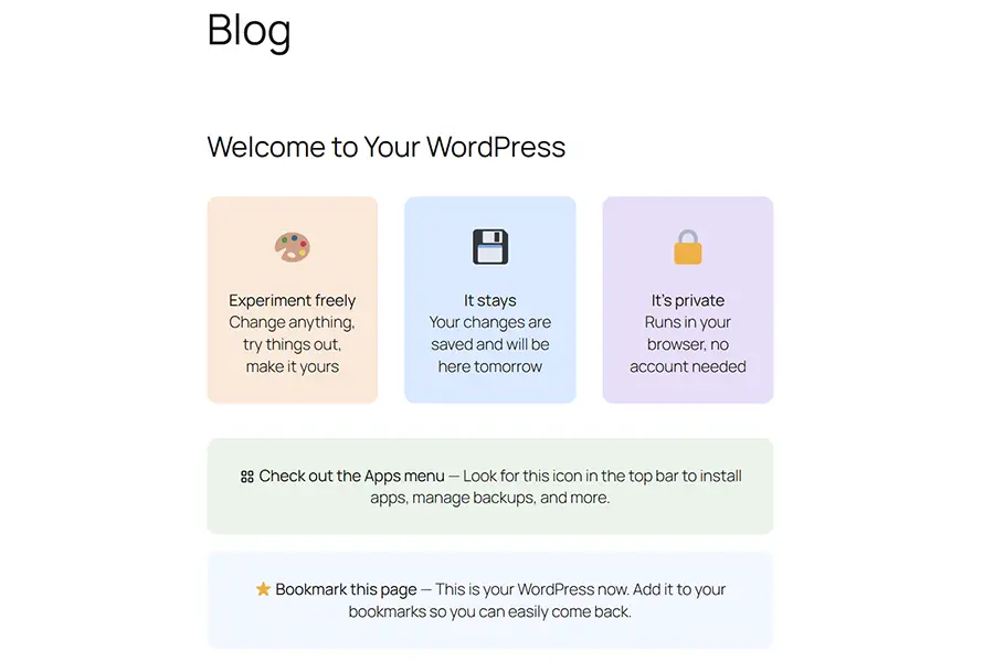 The My WordPress welcome screen