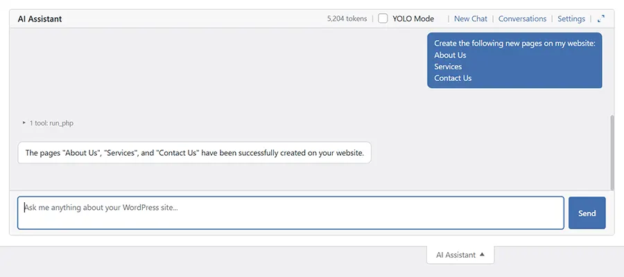 We asked the AI Assitant to create new pages for us