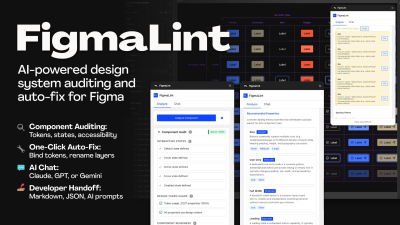 A screenshot showcasing FigmaLint, an AI-powered design system auditing and auto-fix tool within Figma, with various UI screens displaying features like component auditing, interactive states, design token usage, and property recommendations.