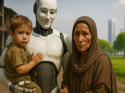 Humanoid robot standing with a young child and an older woman outdoors