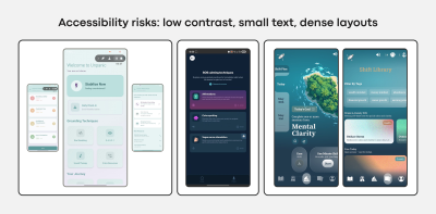 Accessibility risks: low contrast, small text, dense layouts