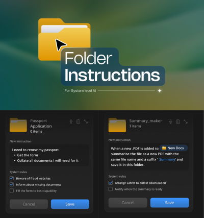 A screenshot shows a document management interface titled Folder Instructions for System-level AI, with two detailed folder instruction examples.