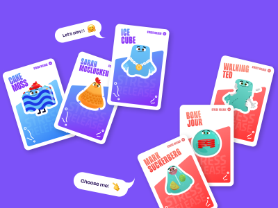 A collection of illustrated character cards scattered across a purple background, each featuring a unique stress-relief toy character with bold typography and playful styling.
