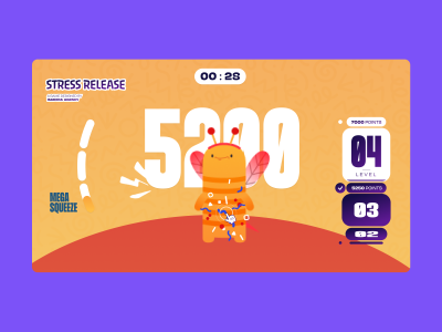A gameplay screen showing a cartoon character reacting to a click impact with particle effects, score feedback, and a visible interaction point.