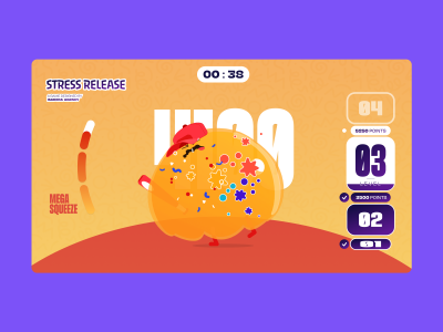A gameplay interface showing a heavily distorted animated character exploding outward with confetti-like effects and score indicators during interaction.