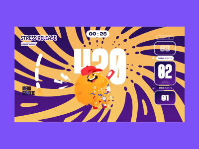 A stylized gameplay screen featuring a stretched animated character against a dramatic swirling background with scoring UI and interaction effects.