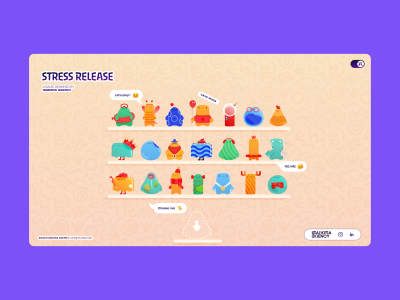 A browser-based game interface displaying a shelf of colorful animated stress-relief characters with playful speech bubbles and a soft pastel UI.