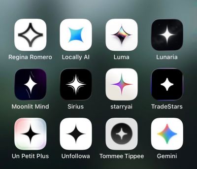 Grid of mobile app icons all using sparkle symbols as their primary visual identity, illustrating overuse of the sparkle icon in AI products