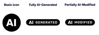 The three official EU AI label icons for basic AI, fully AI generated, and partially AI modified content