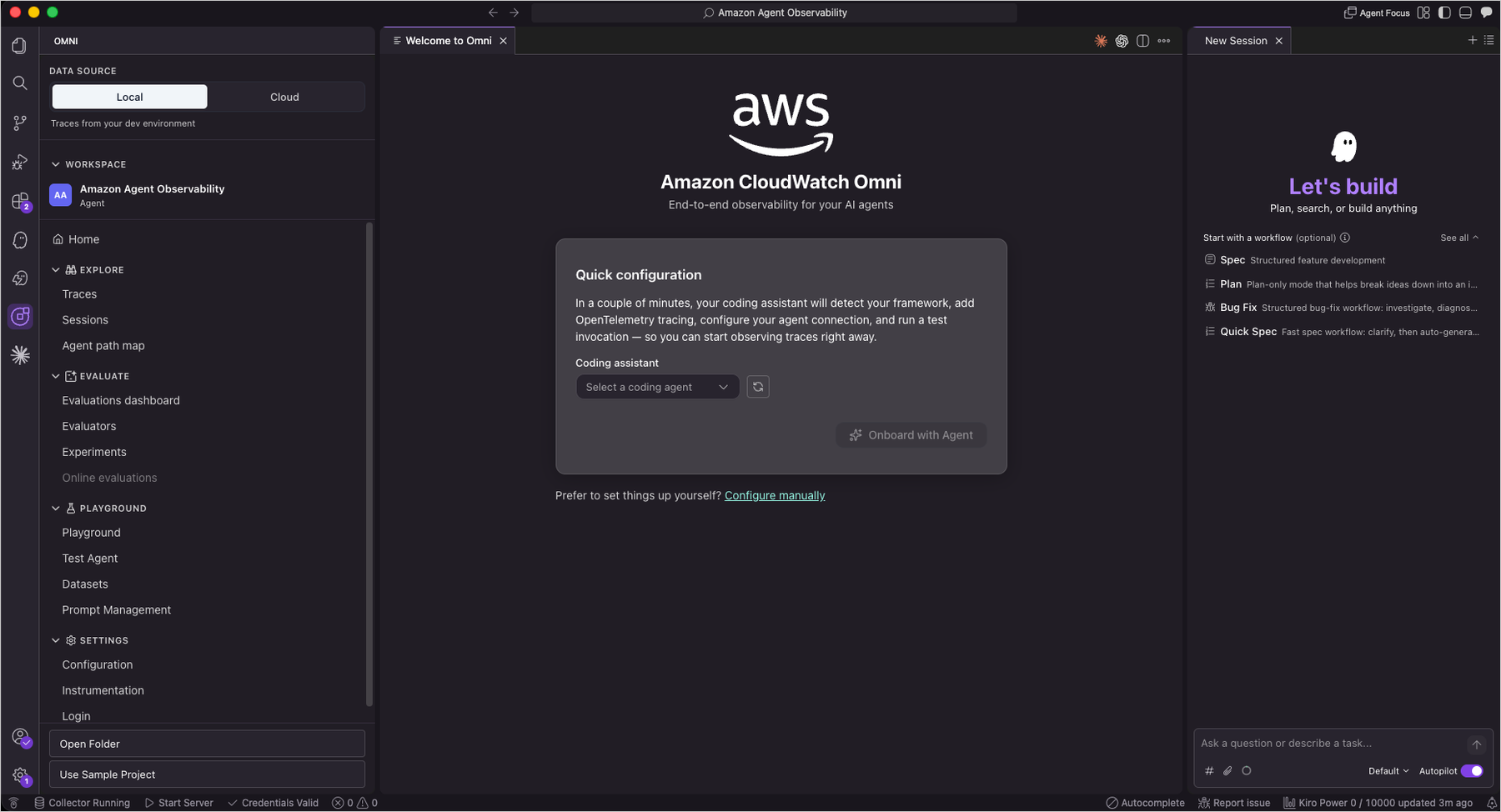 CloudWatch Omni welcome screen and create new project in VS Code