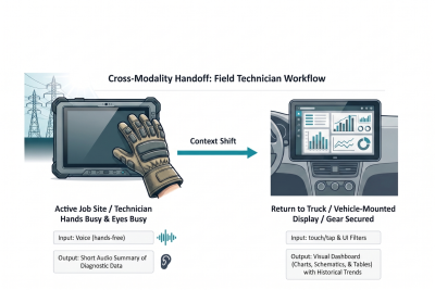 Diagram showing a field technician workflow that shifts from voice-based, hands-free interaction on a job site to a visual dashboard on a vehicle-mounted display for reviewing diagnostic data and trends.